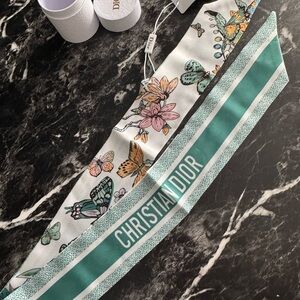 Dior Teal and White Floral Silk Twilly